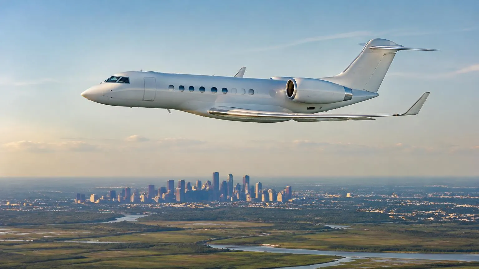 Illustrative unbranded business jet in flight above Houston and Texas prairie