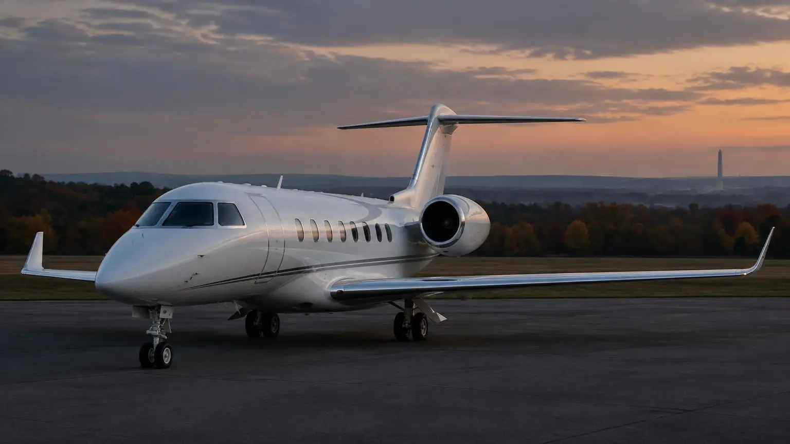 Illustrative business jet on a Virginia apron at dusk with the Washington Monument on the horizon