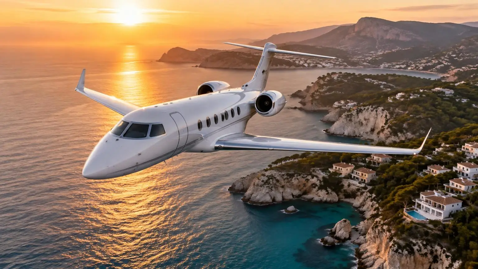 Illustrative business jet flying over the Mediterranean coast of Spain at sunset above cliffs and villas