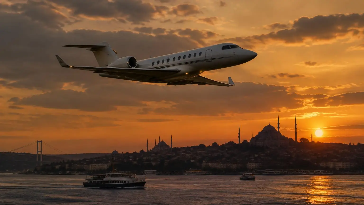 Illustrative business jet flying over the Bosphorus at sunset with Istanbul mosques on the skyline