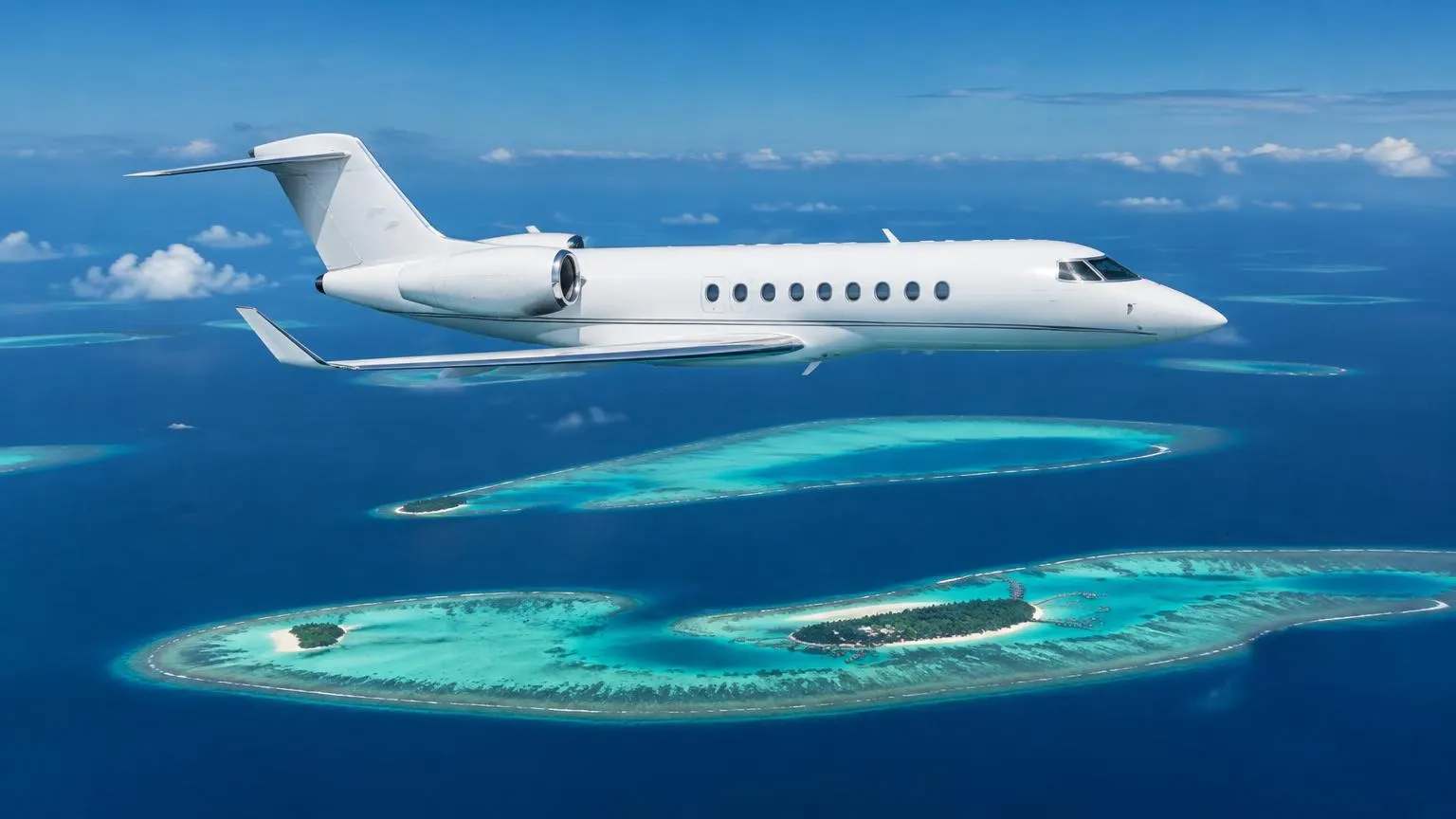 Illustrative unbranded business jet in flight above turquoise Maldives atolls