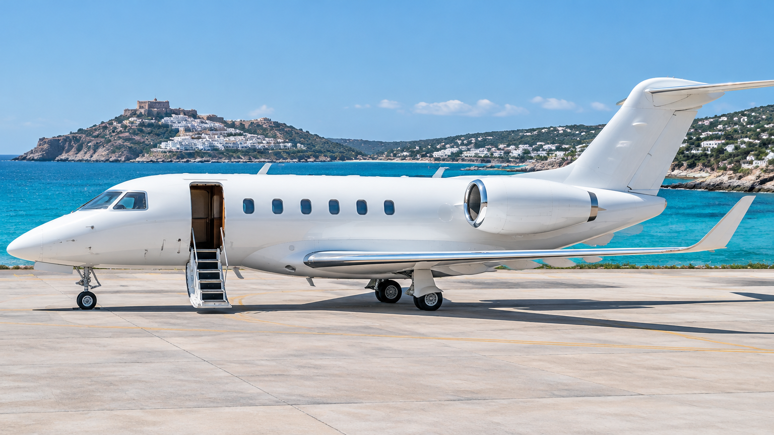 Illustrative white business jet on a sunlit Ibiza apron with the turquoise Mediterranean and island hills behind