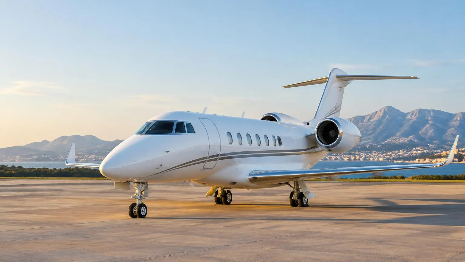 Illustrative private jet on a Mediterranean apron with a coastal mountain backdrop