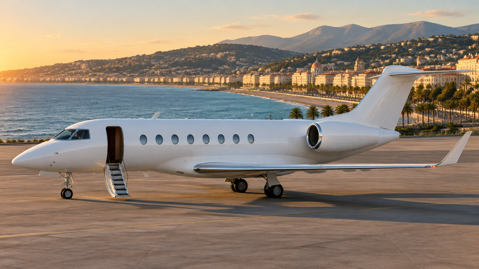 Illustrative white business jet on a French Riviera apron at golden hour with the Nice coastline and palms behind