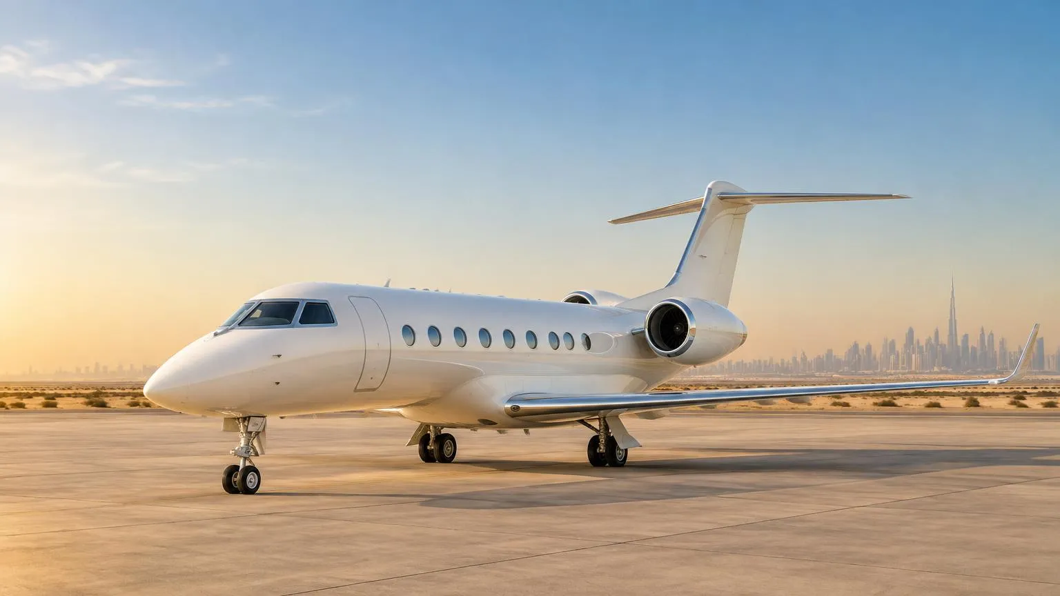 Illustrative business jet on a desert apron with the Dubai skyline in the distance