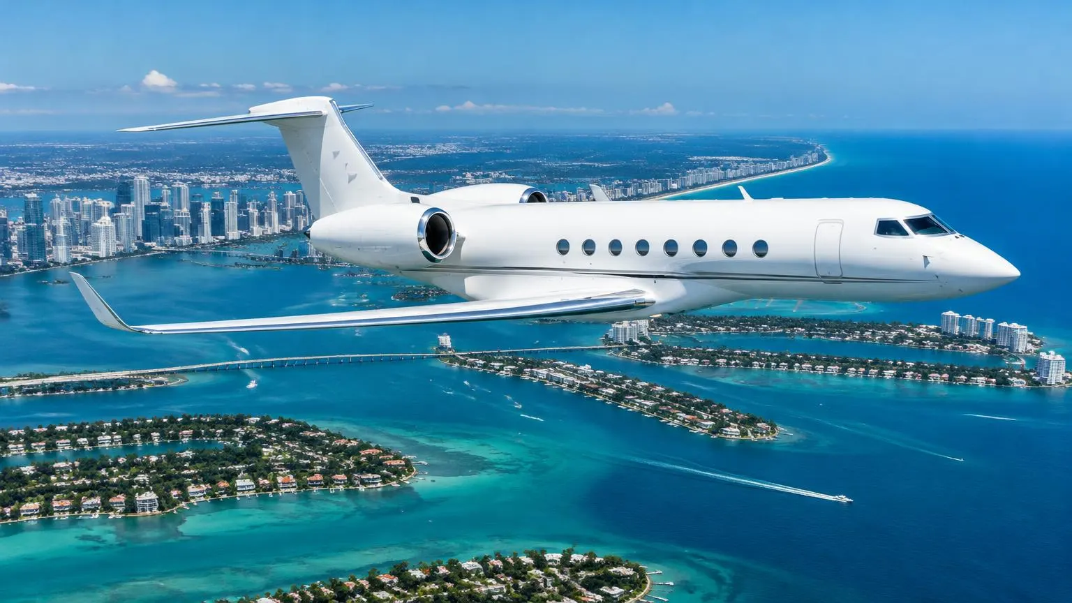 Illustrative unbranded business jet in flight above Biscayne Bay and South Florida islands