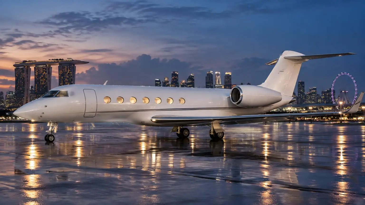 Illustrative long-range business jet on a wet Singapore apron at dusk with the Marina Bay skyline behind