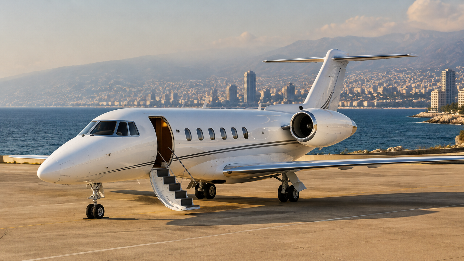 Illustrative white business jet on a Beirut apron with the Mediterranean, the city skyline and Mount Lebanon behind