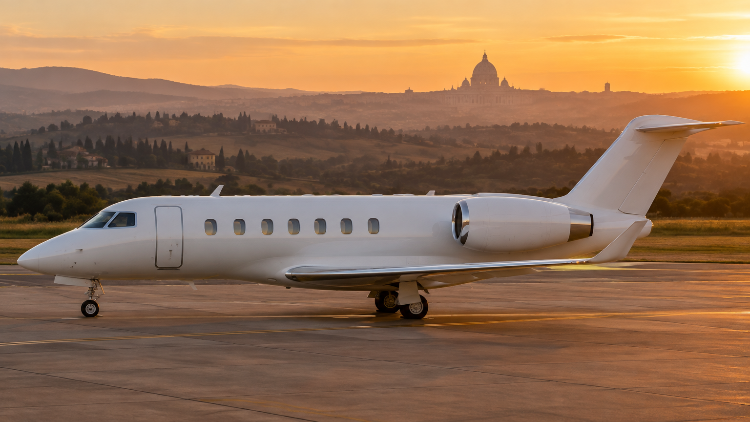 Illustrative white business jet on a Roman apron at sunset with the city's domed skyline in the distance