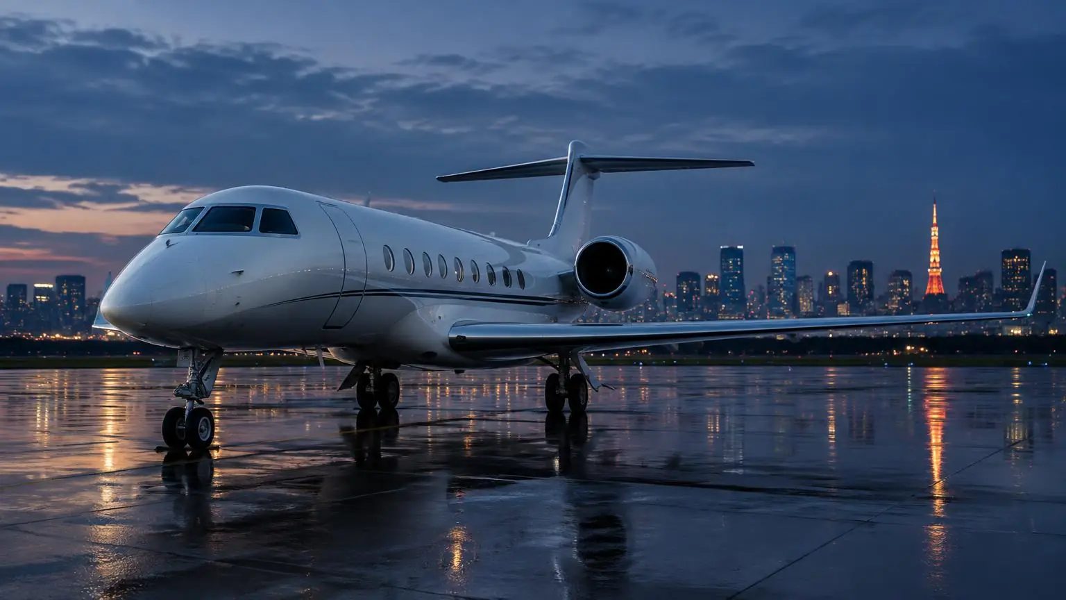Illustrative long-range business jet on a wet Tokyo apron at dusk with Tokyo Tower in the distance