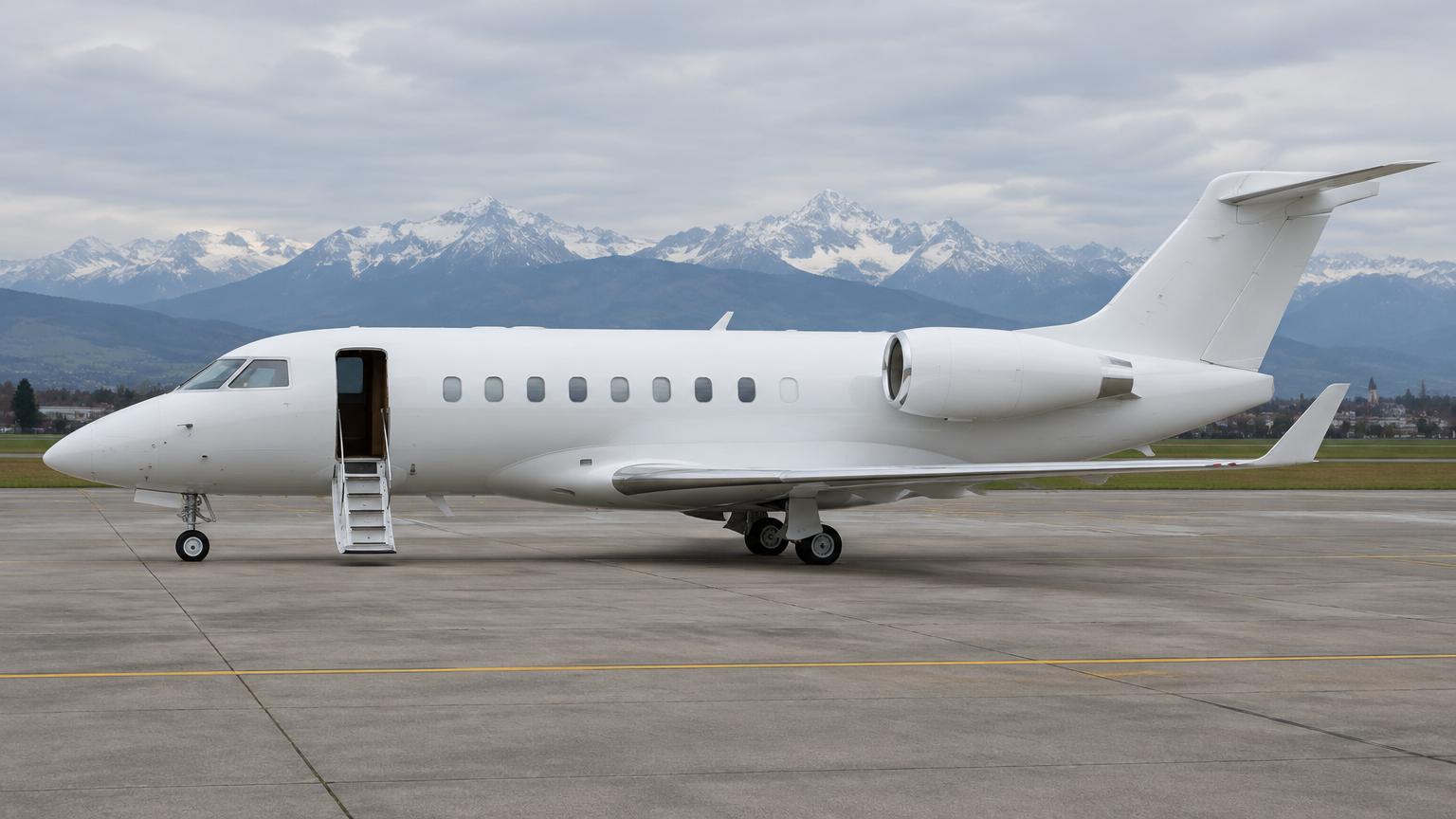 Illustrative white business jet on a northern Italian apron with the snow-capped Alps behind