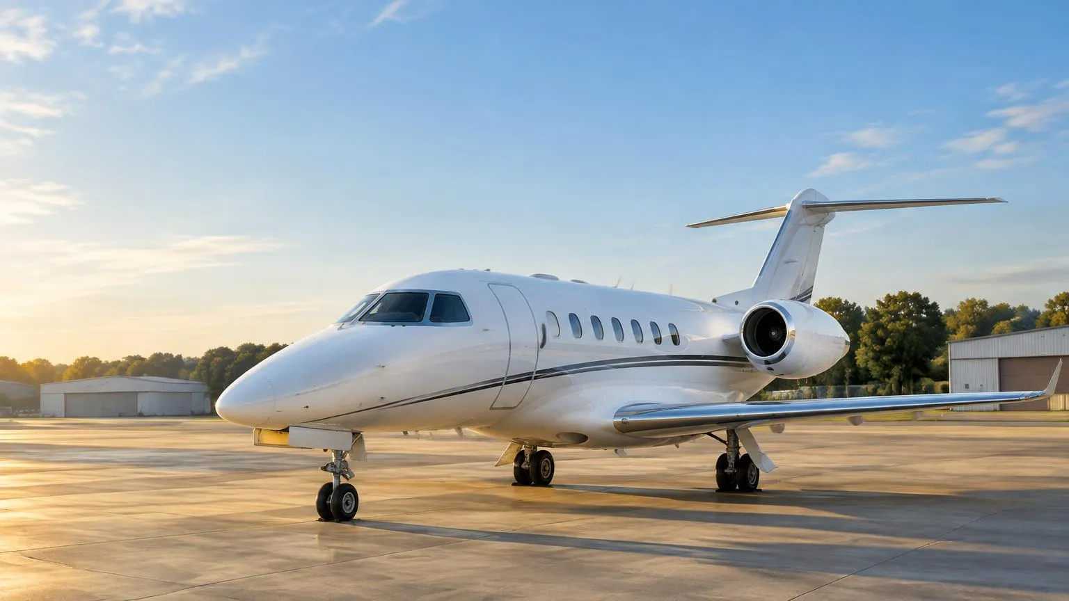 Illustrative business jet on an apron beside hangars and a green tree line
