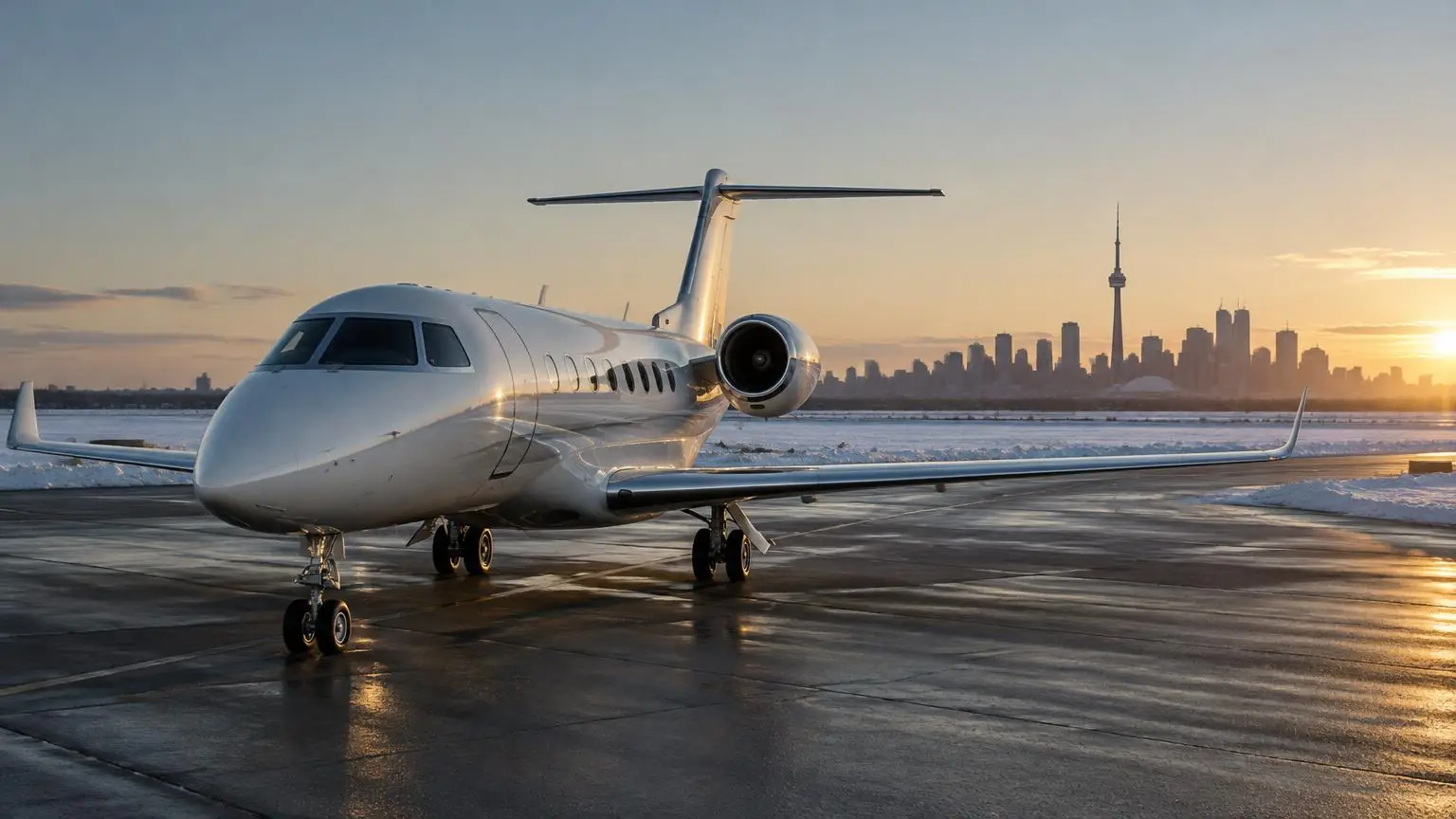 Illustrative business jet on a winter apron at sunrise with the Toronto skyline and CN Tower behind